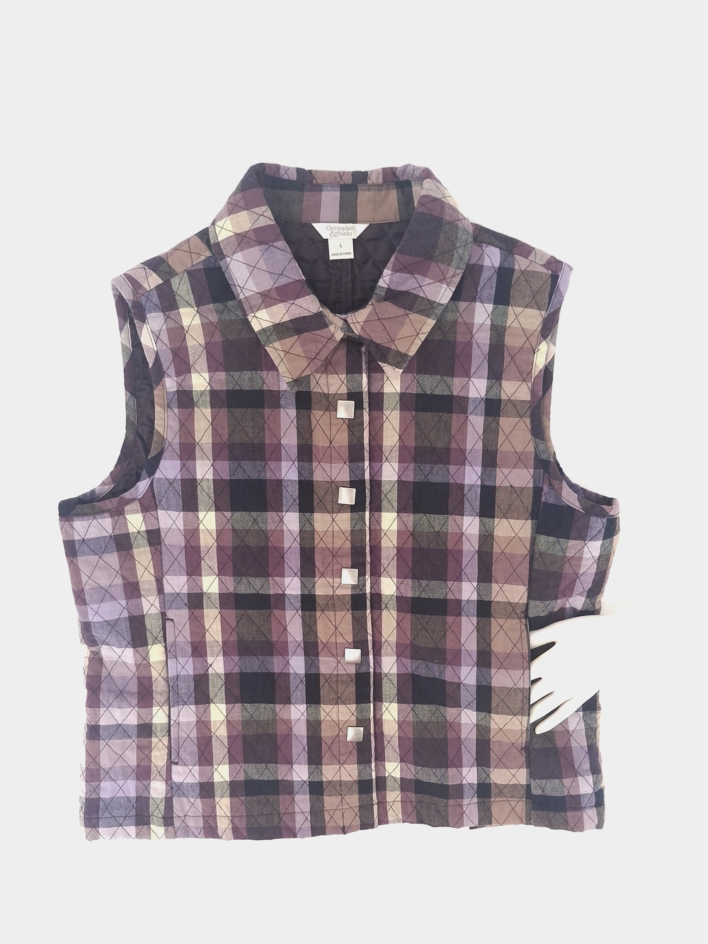 ✨Christopher & Banks Purple Plaid Quilted Vest Size Large Snap Front✨